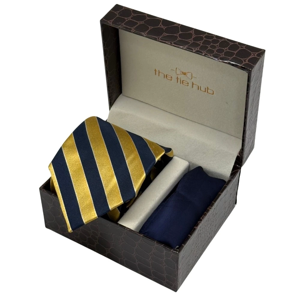 Navy Blue and Yellow Silk Necktie with Navy Blue Pocket Square Combo - Stripe Design for Men
