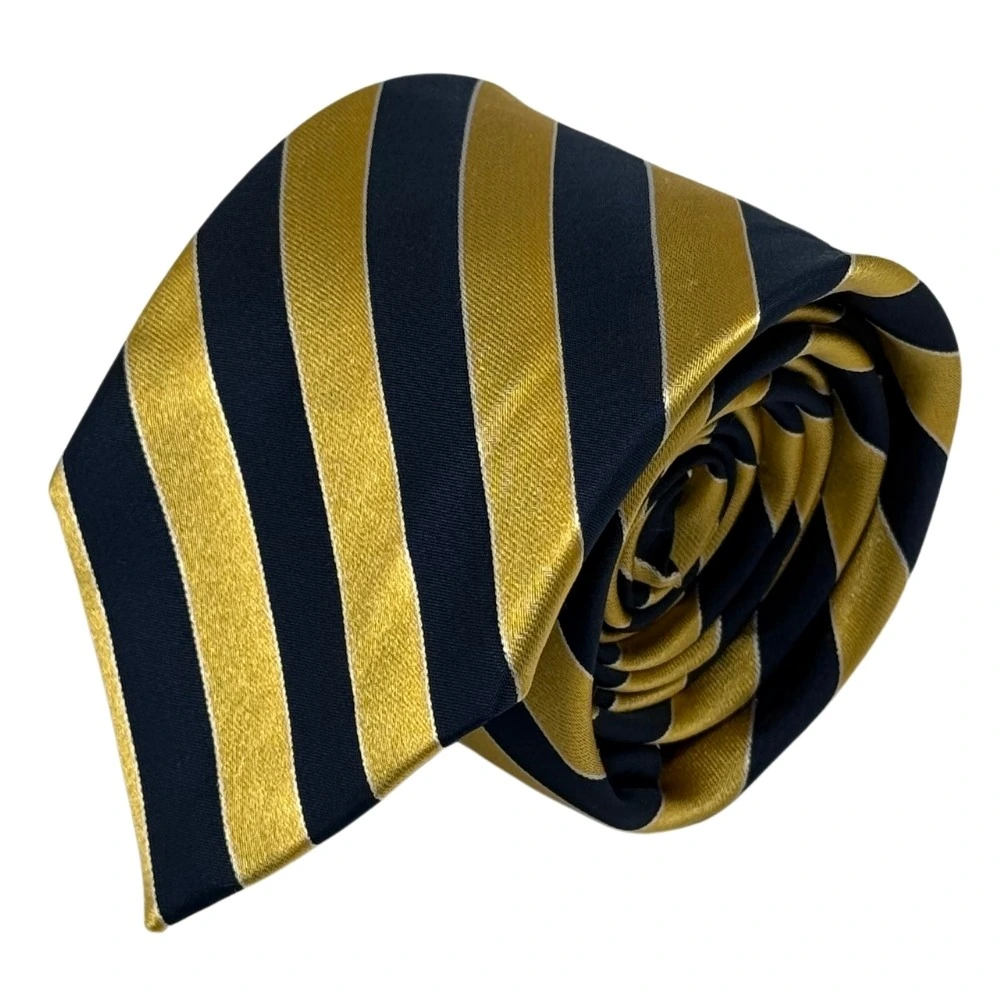 Navy Blue and Yellow Silk Necktie with Navy Blue Pocket Square Combo - Stripe Design for Men