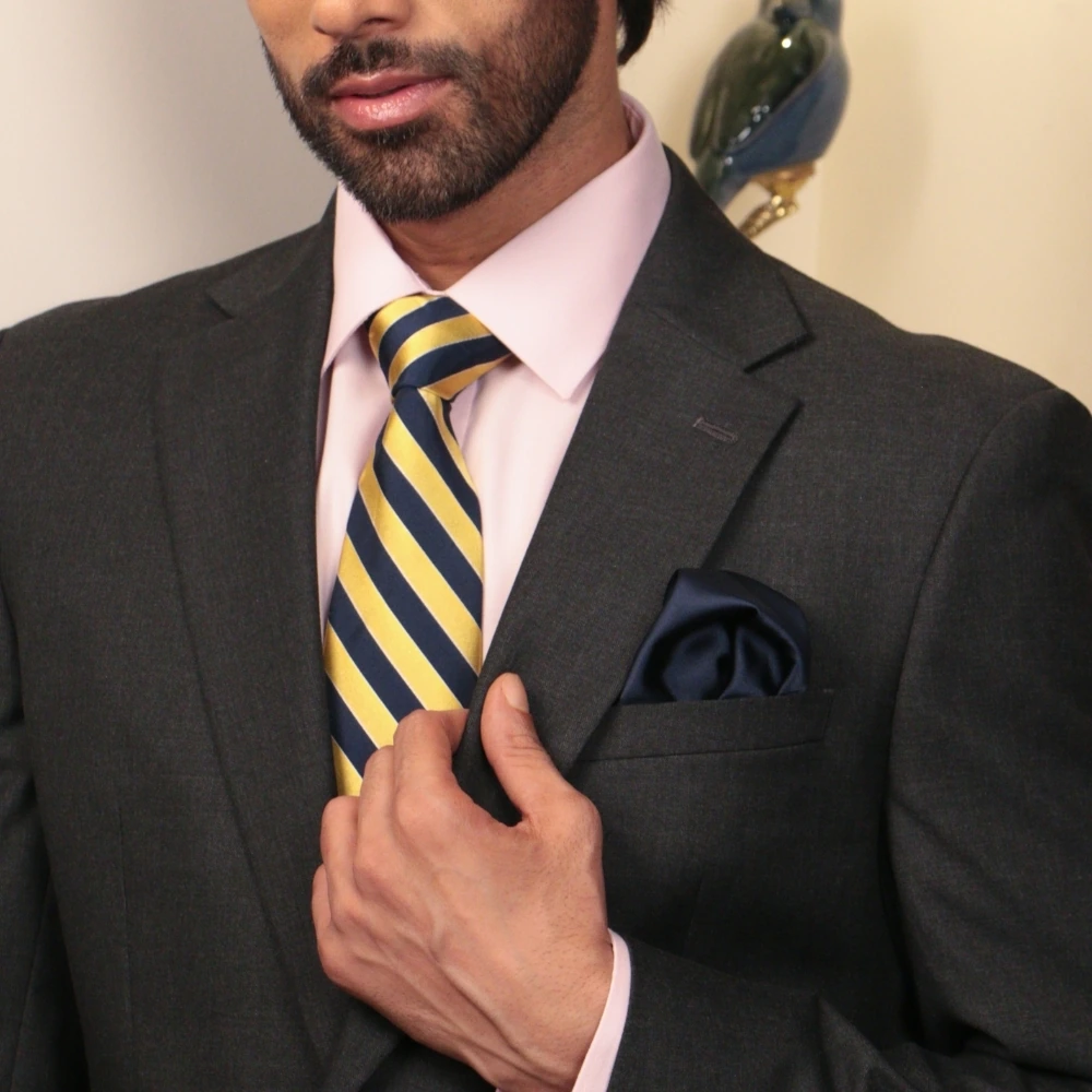 Navy Blue and Yellow Silk Necktie with Navy Blue Pocket Square Combo - Stripe Design for Men