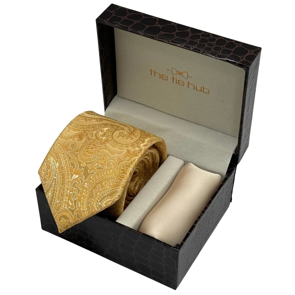 Golden Silk Paisley Necktie with Cream Pocket Square Combo for Men