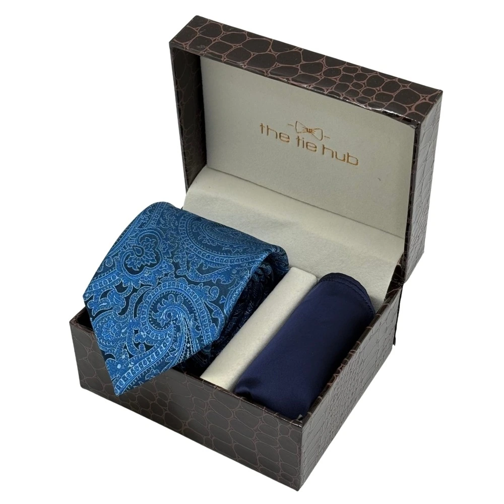 Blue Silk Paisley Necktie with Navy Blue Pocket Square Combo for Men