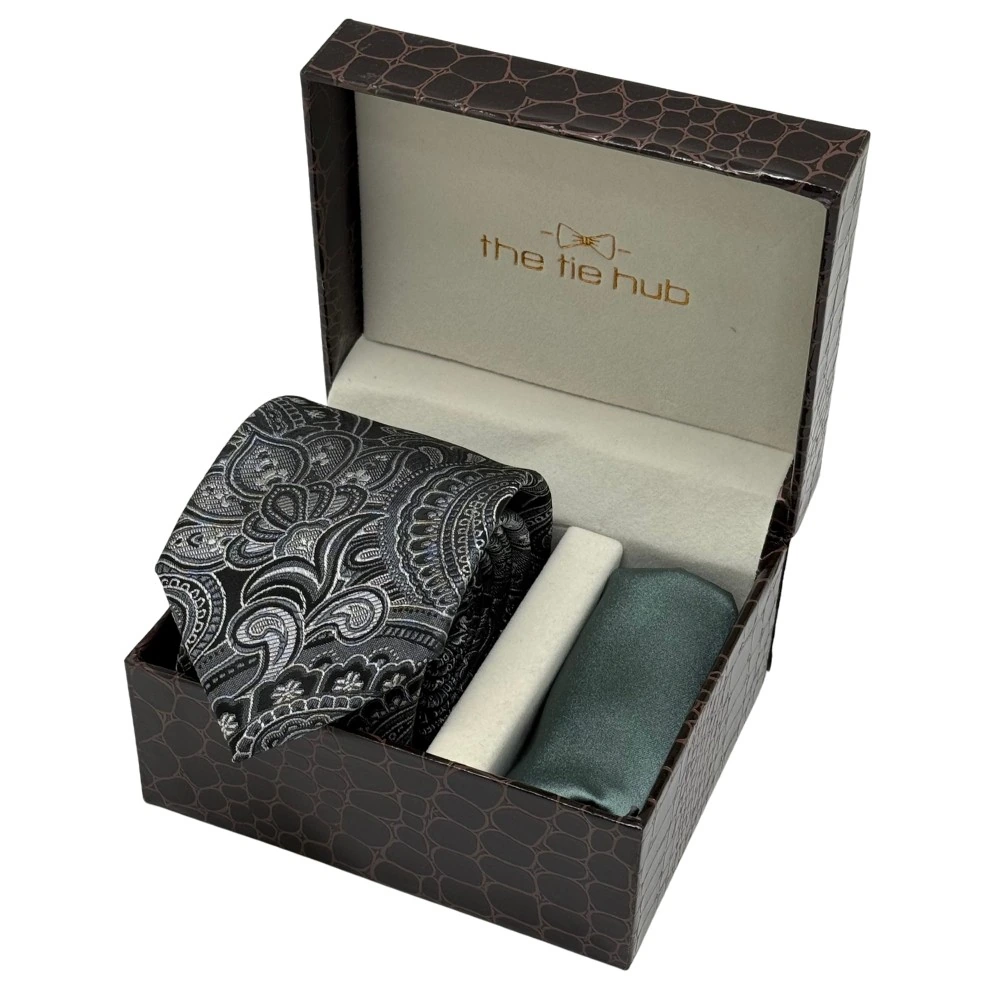 Black and White Silk Paisley Necktie with Green Pocket Square Combo for Men