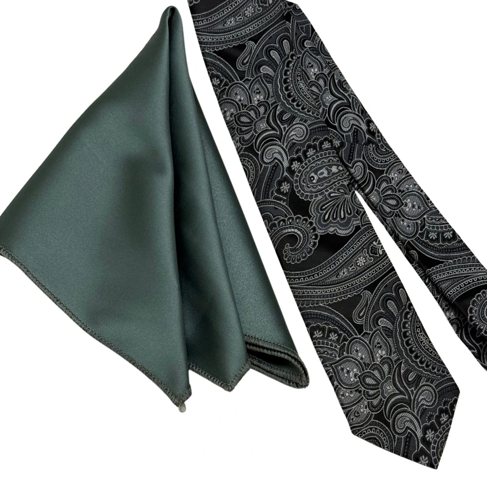 Black and White Silk Paisley Necktie with Green Pocket Square Combo for Men