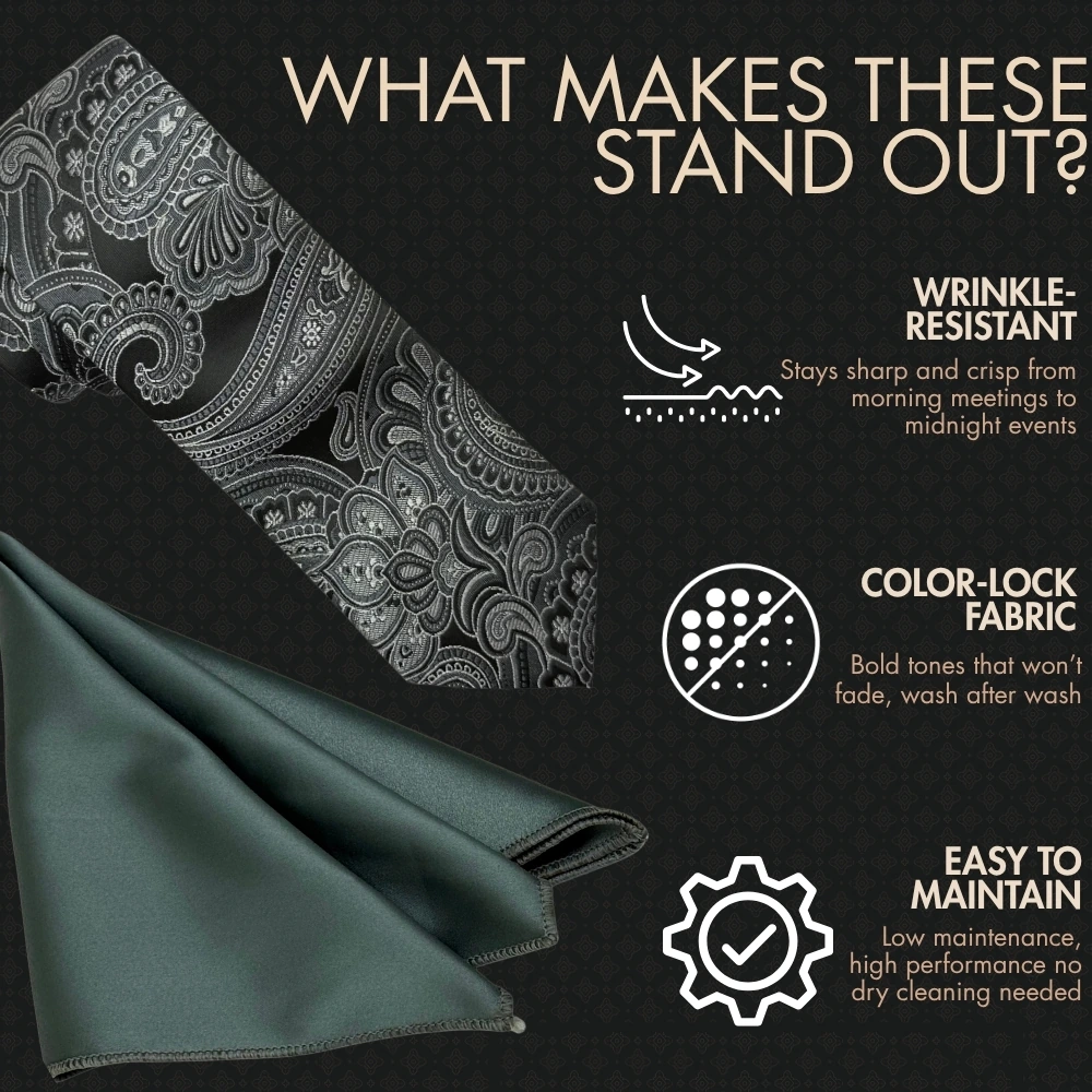 Black and White Silk Paisley Necktie with Green Pocket Square Combo for Men