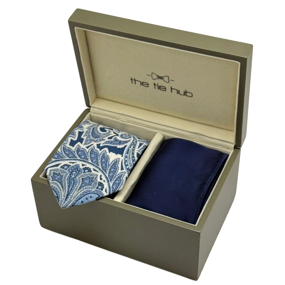 Blue Paisley Silk Necktie with Navy Blue Pocket Square Gift Set - Printed Design for Men