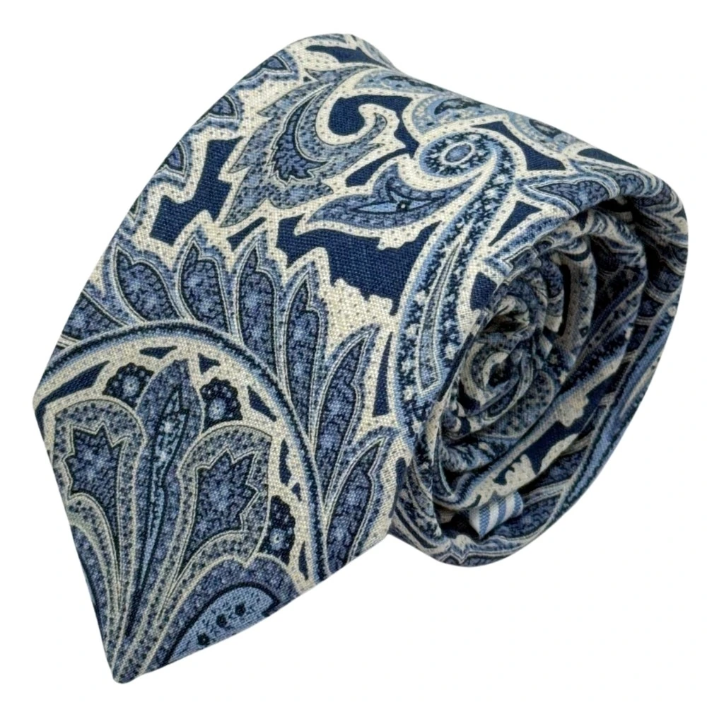 Blue Paisley Silk Necktie with Navy Blue Pocket Square Gift Set - Printed Design for Men