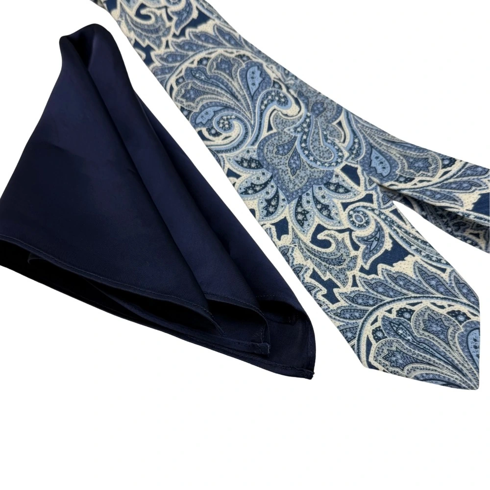 Blue Paisley Silk Necktie with Navy Blue Pocket Square Gift Set - Printed Design for Men