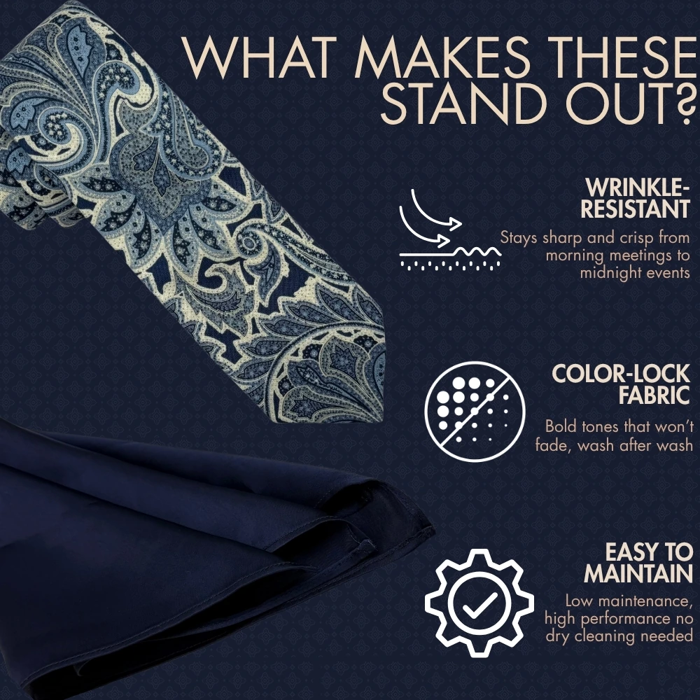 Blue Paisley Silk Necktie with Navy Blue Pocket Square Gift Set - Printed Design for Men