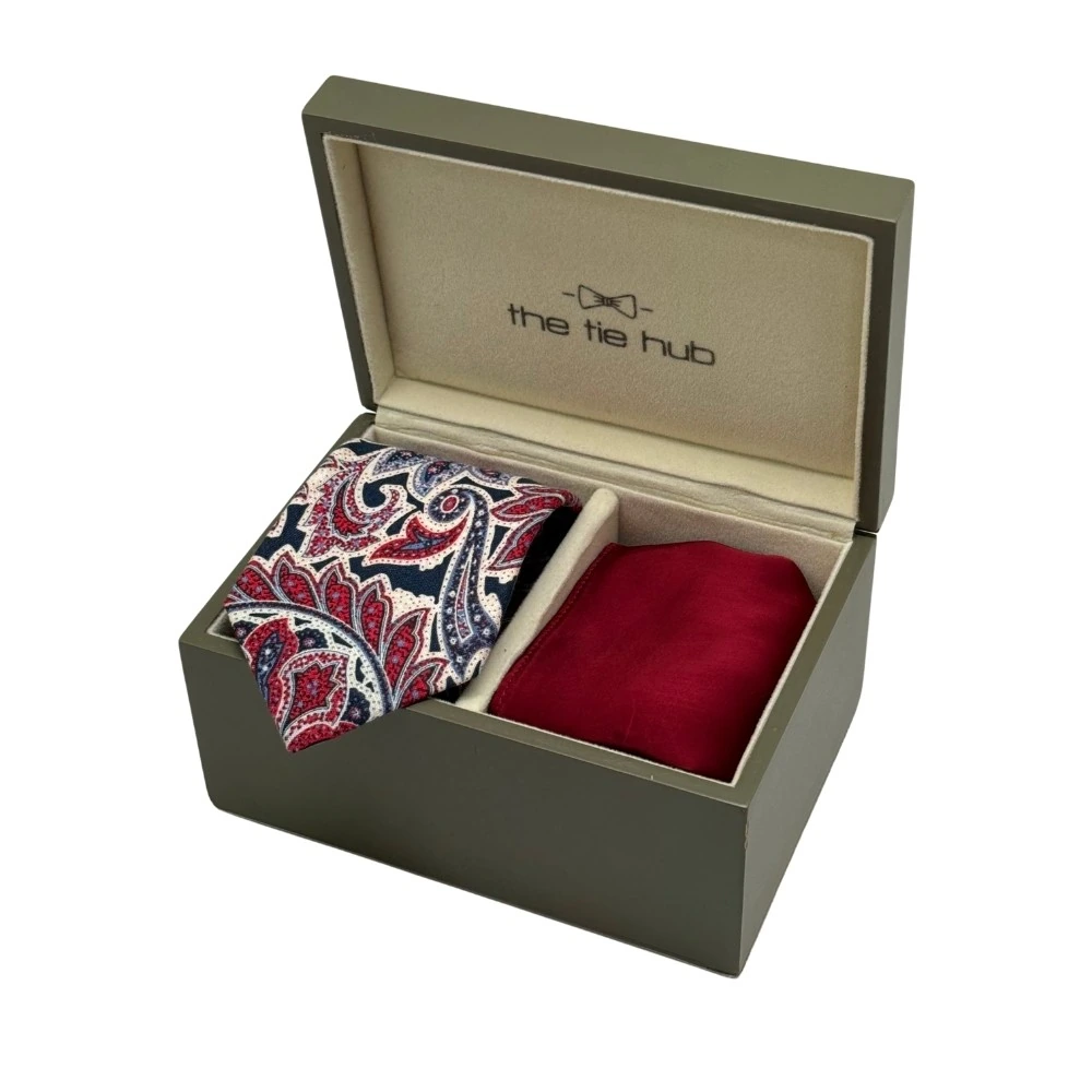 Red and Navy Blue Paisley Silk Necktie with Maroon Pocket Square Gift Set - Printed Design for Men
