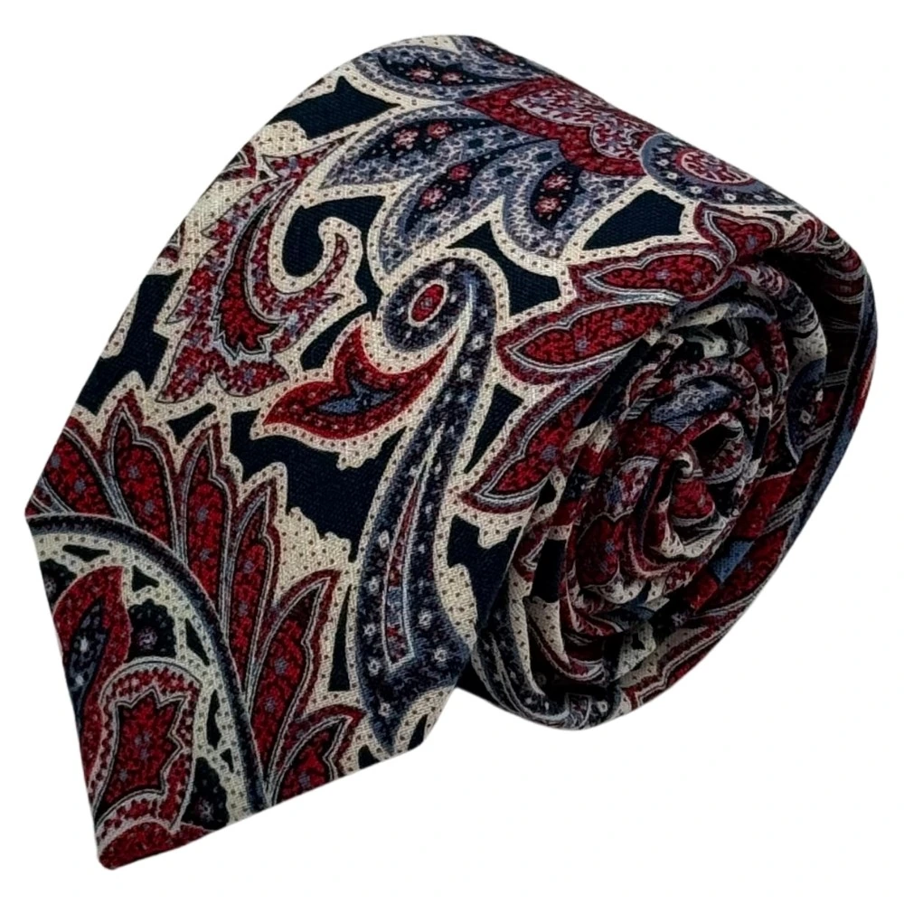 Red and Navy Blue Paisley Silk Necktie with Maroon Pocket Square Gift Set - Printed Design for Men