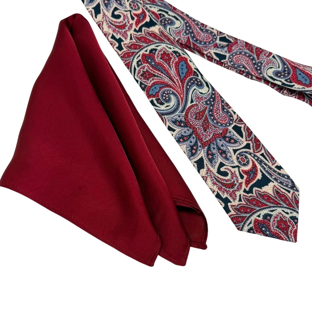 Red and Navy Blue Paisley Silk Necktie with Maroon Pocket Square Gift Set - Printed Design for Men