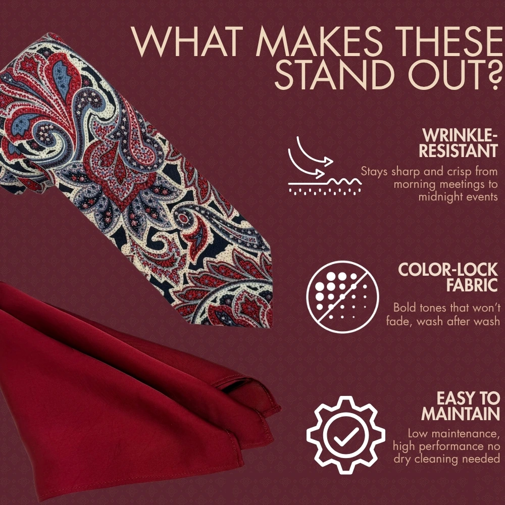 Red and Navy Blue Paisley Silk Necktie with Maroon Pocket Square Gift Set - Printed Design for Men