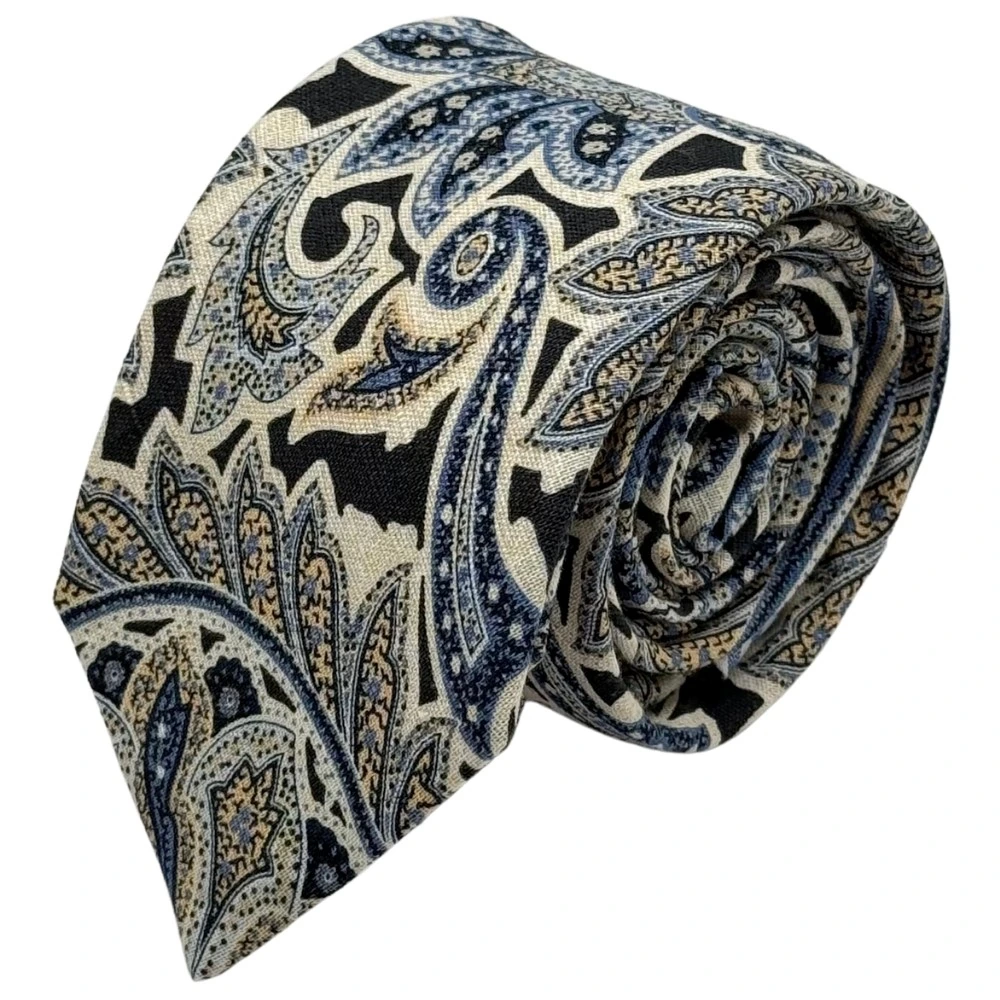 Beige and Blue Paisley Silk Necktie with Navy Blue Pocket Square Gift Set - Printed Design for Men