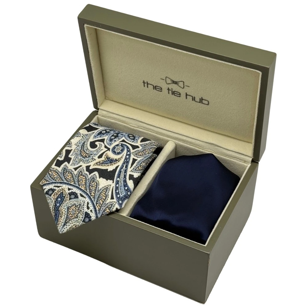 Beige and Blue Paisley Silk Necktie with Navy Blue Pocket Square Gift Set - Printed Design for Men