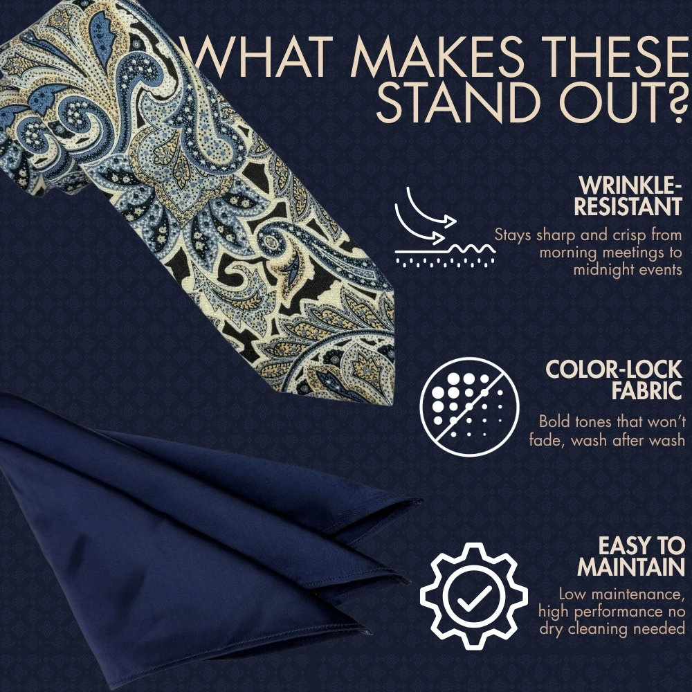 Beige and Blue Paisley Silk Necktie with Navy Blue Pocket Square Gift Set - Printed Design for Men