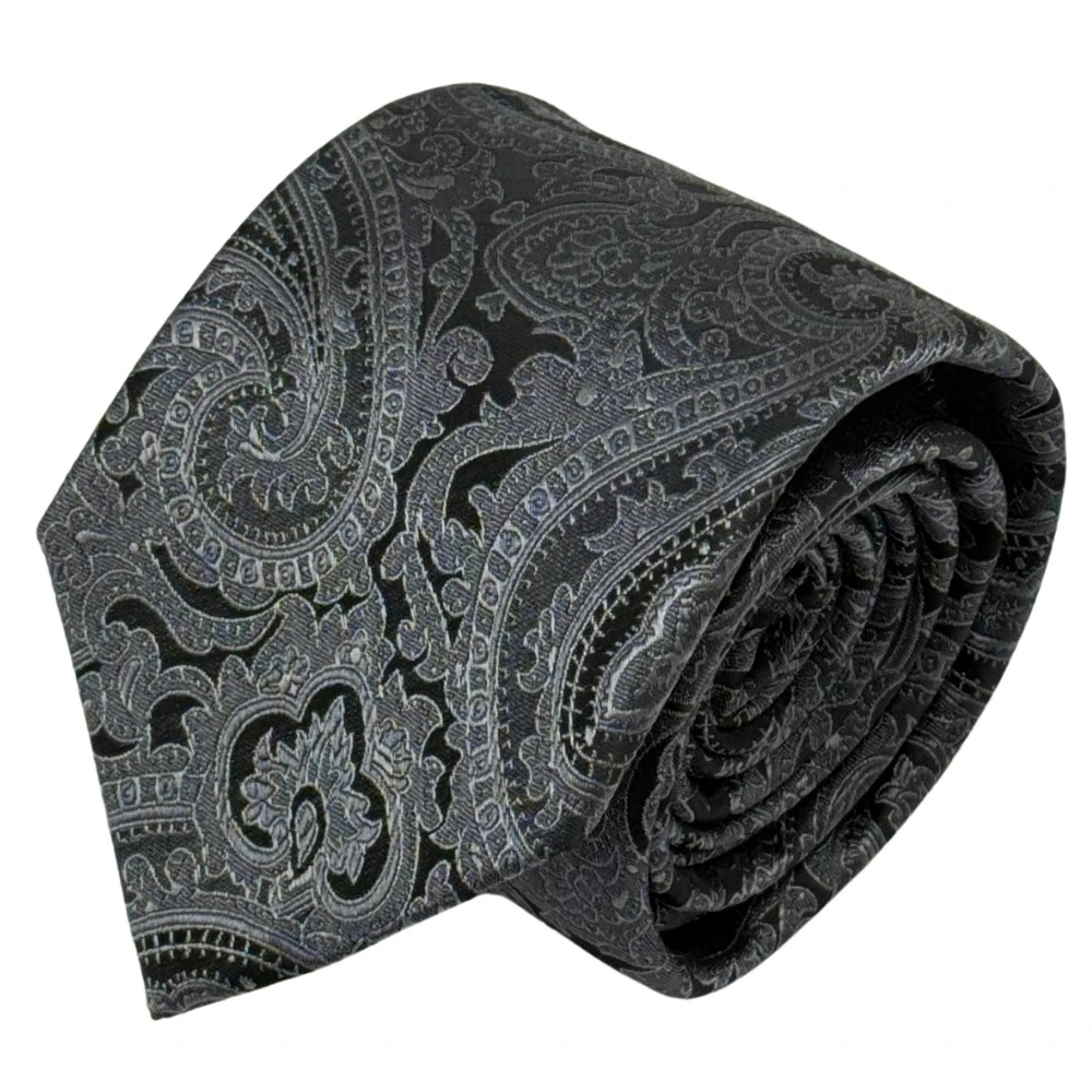 Black Silk Paisley Necktie with Grey Pocket Square Combo for Men