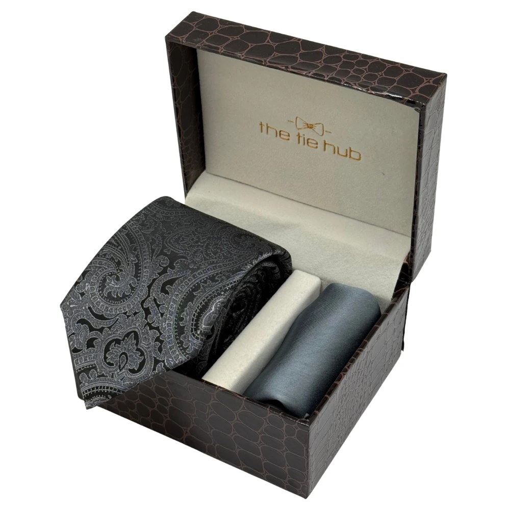 Black Silk Paisley Necktie with Grey Pocket Square Combo for Men