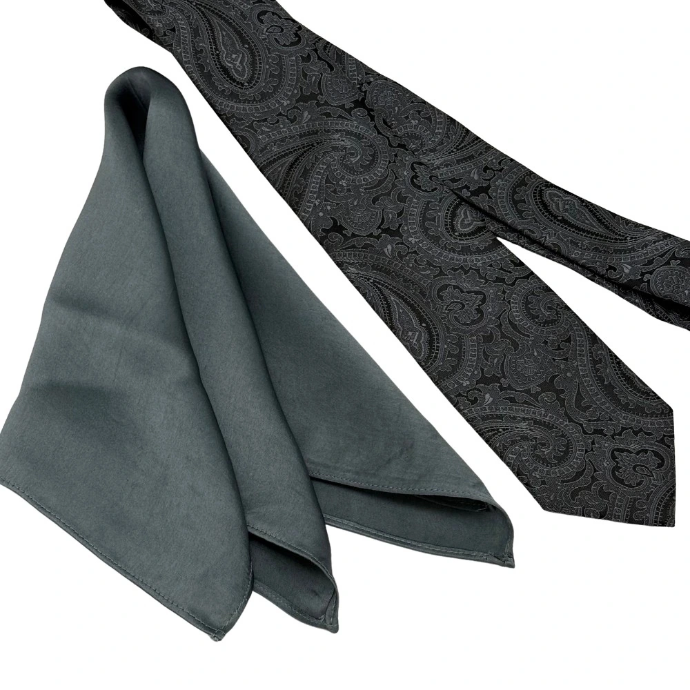 Black Silk Paisley Necktie with Grey Pocket Square Combo for Men