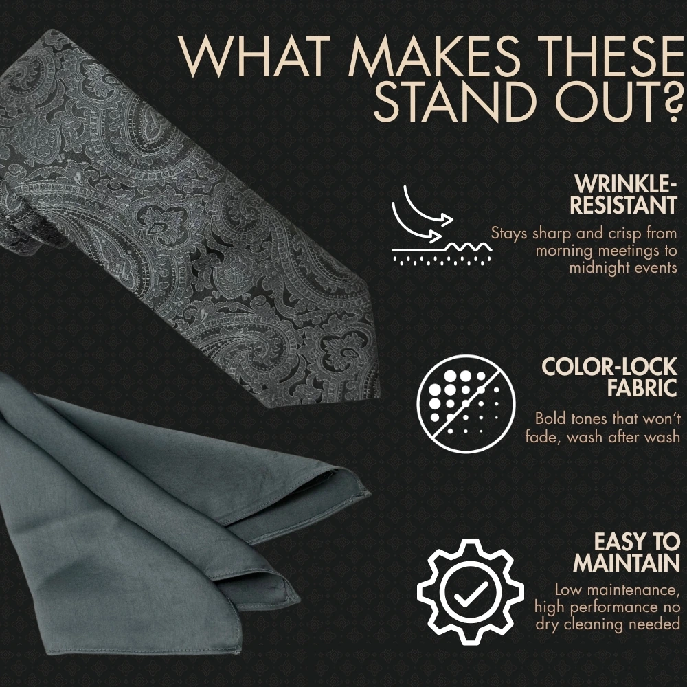 Black Silk Paisley Necktie with Grey Pocket Square Combo for Men