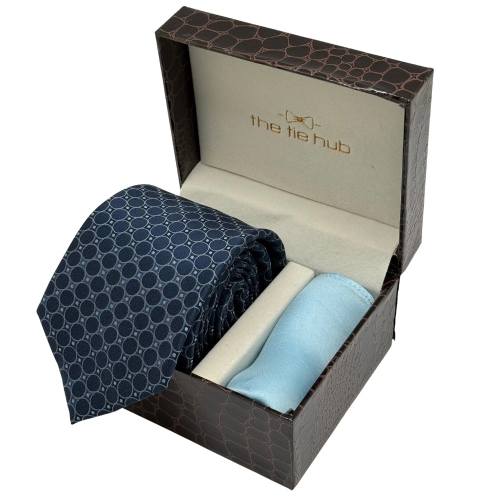 Navy Blue Geometric Necktie with Light Blue Pocket Square Combo for Men