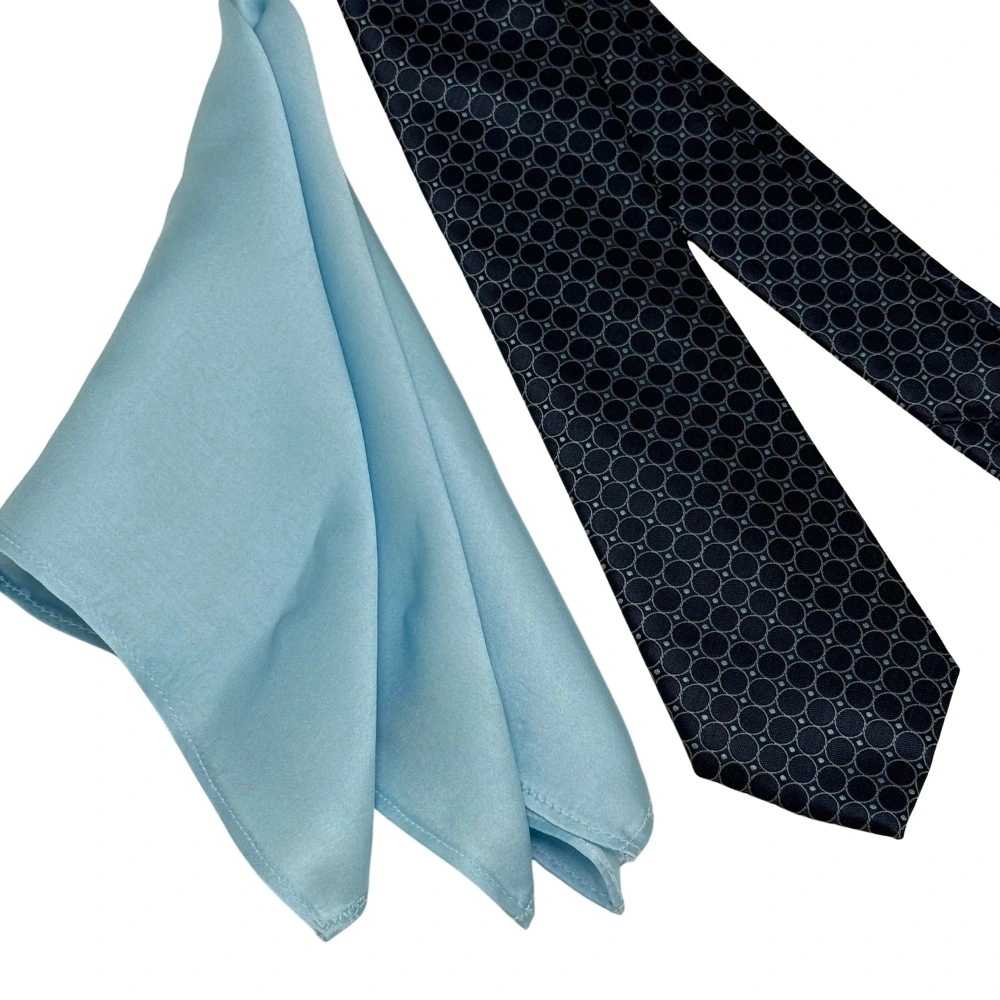 Navy Blue Geometric Necktie with Light Blue Pocket Square Combo for Men