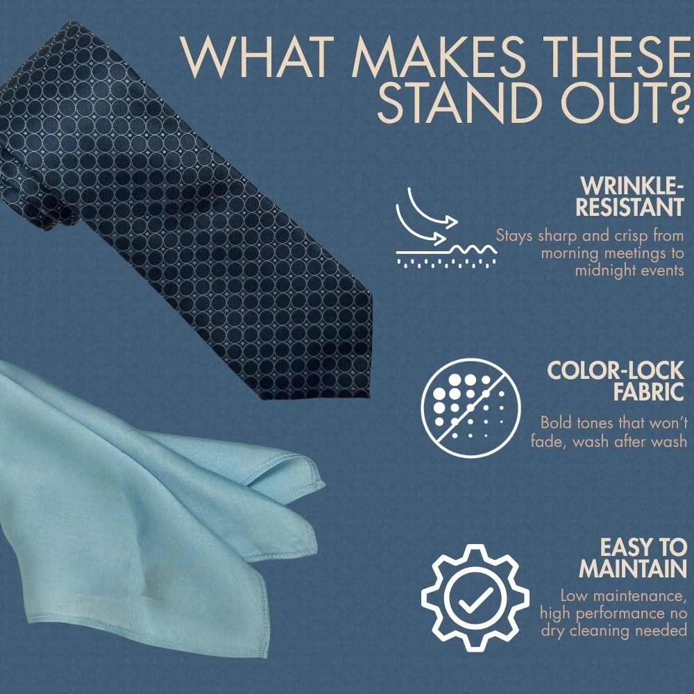 Navy Blue Geometric Necktie with Light Blue Pocket Square Combo for Men