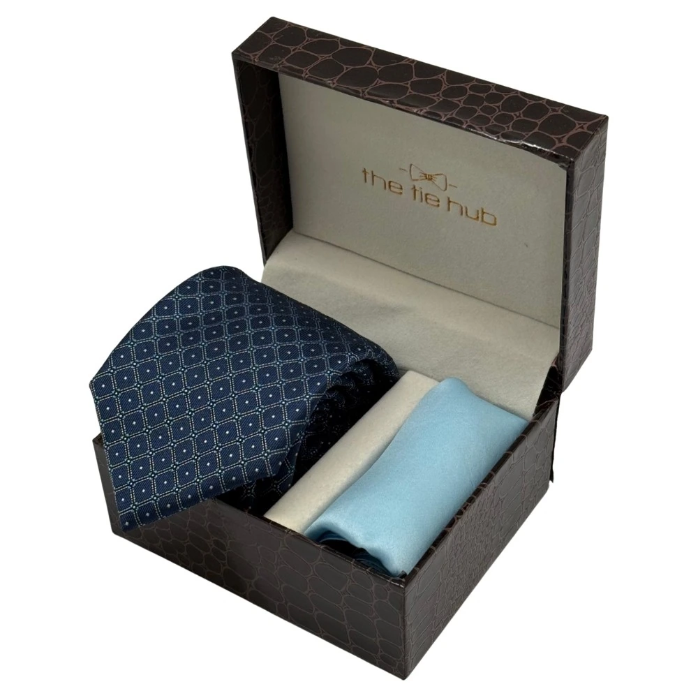 Navy Blue Geometric Necktie with Light Blue Pocket Square Combo for Men