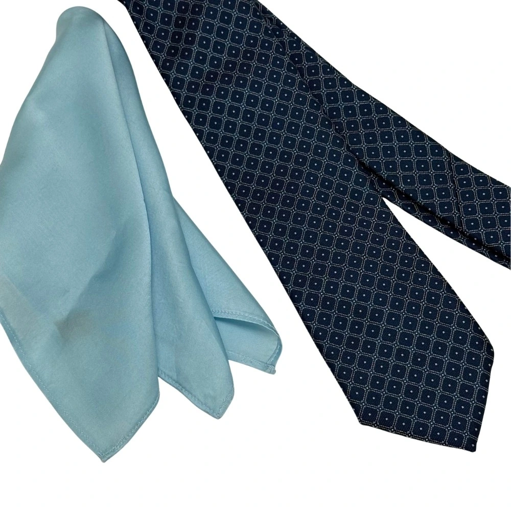Navy Blue Geometric Necktie with Light Blue Pocket Square Combo for Men