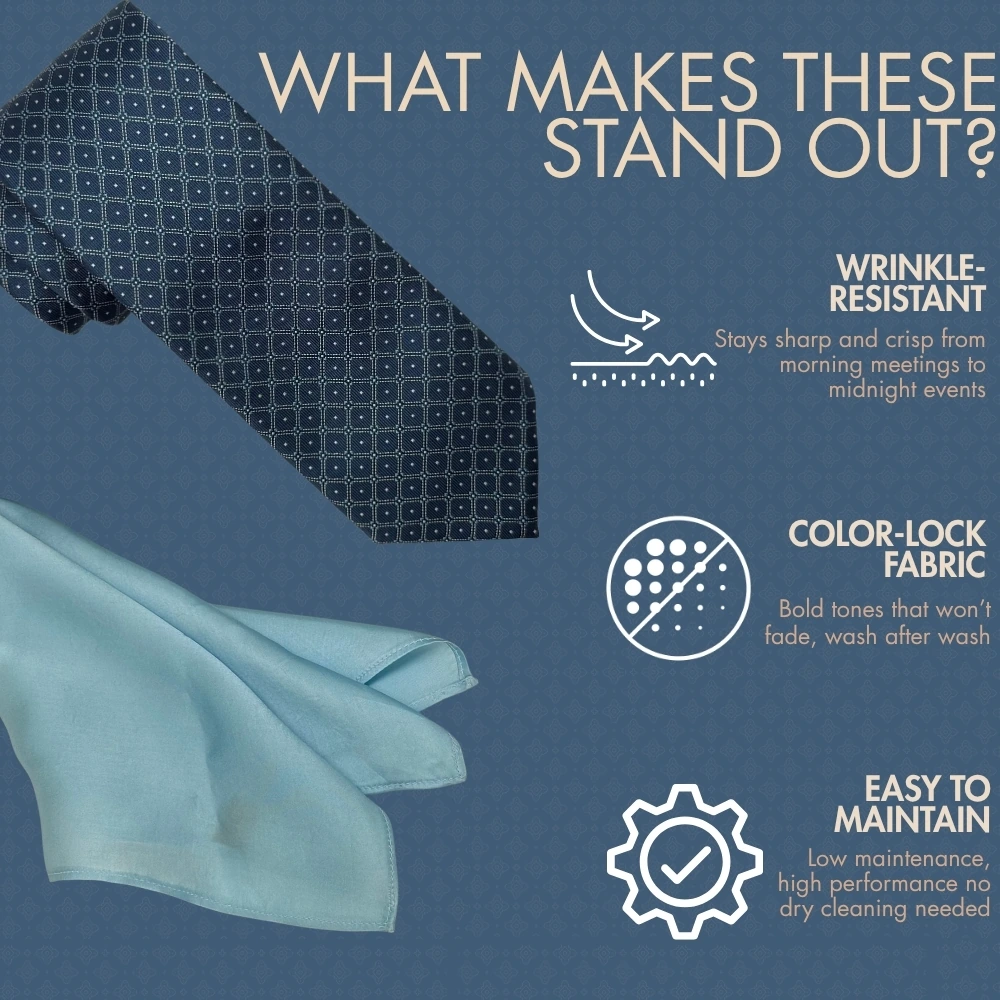 Navy Blue Geometric Necktie with Light Blue Pocket Square Combo for Men
