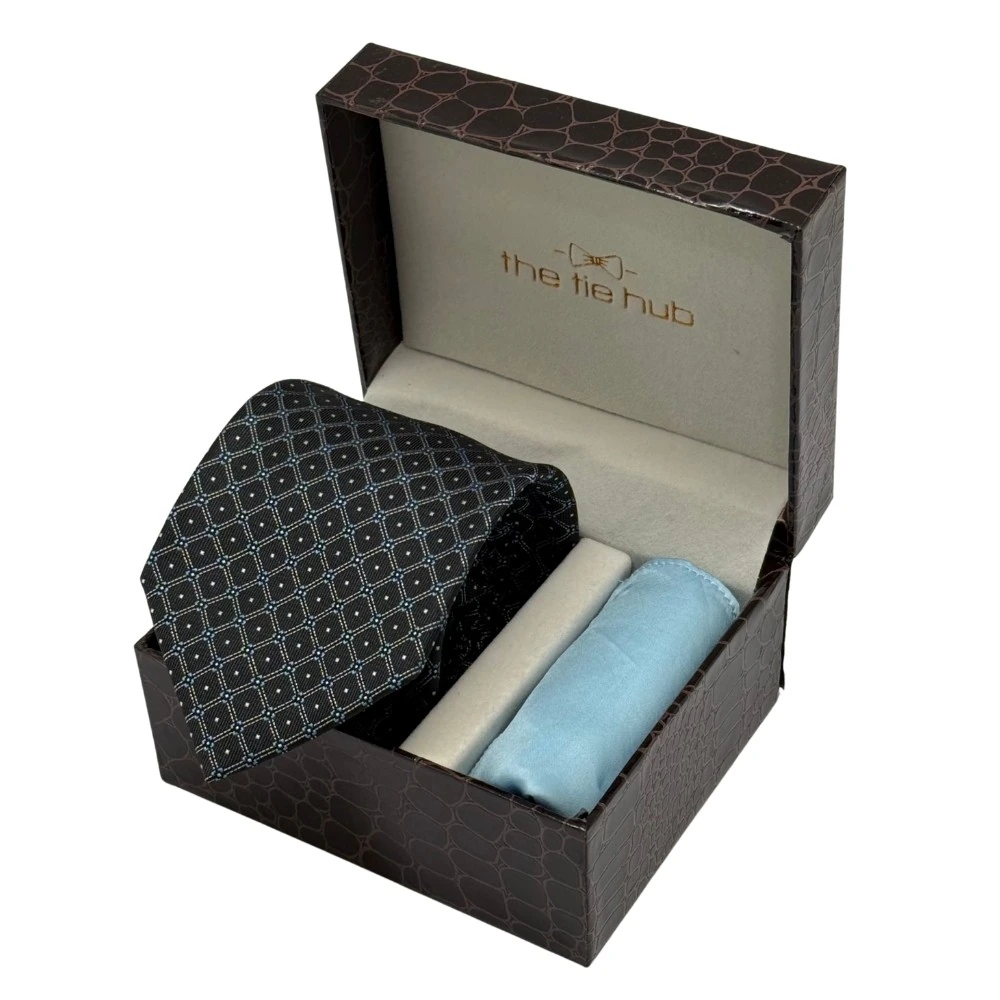 Black Geometric Necktie with Light Blue Pocket Square Combo for Men