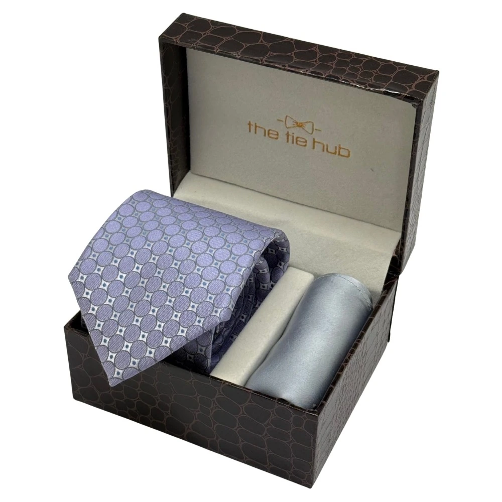 Lilac Geometric Necktie with Grey Pocket Square Combo for Men