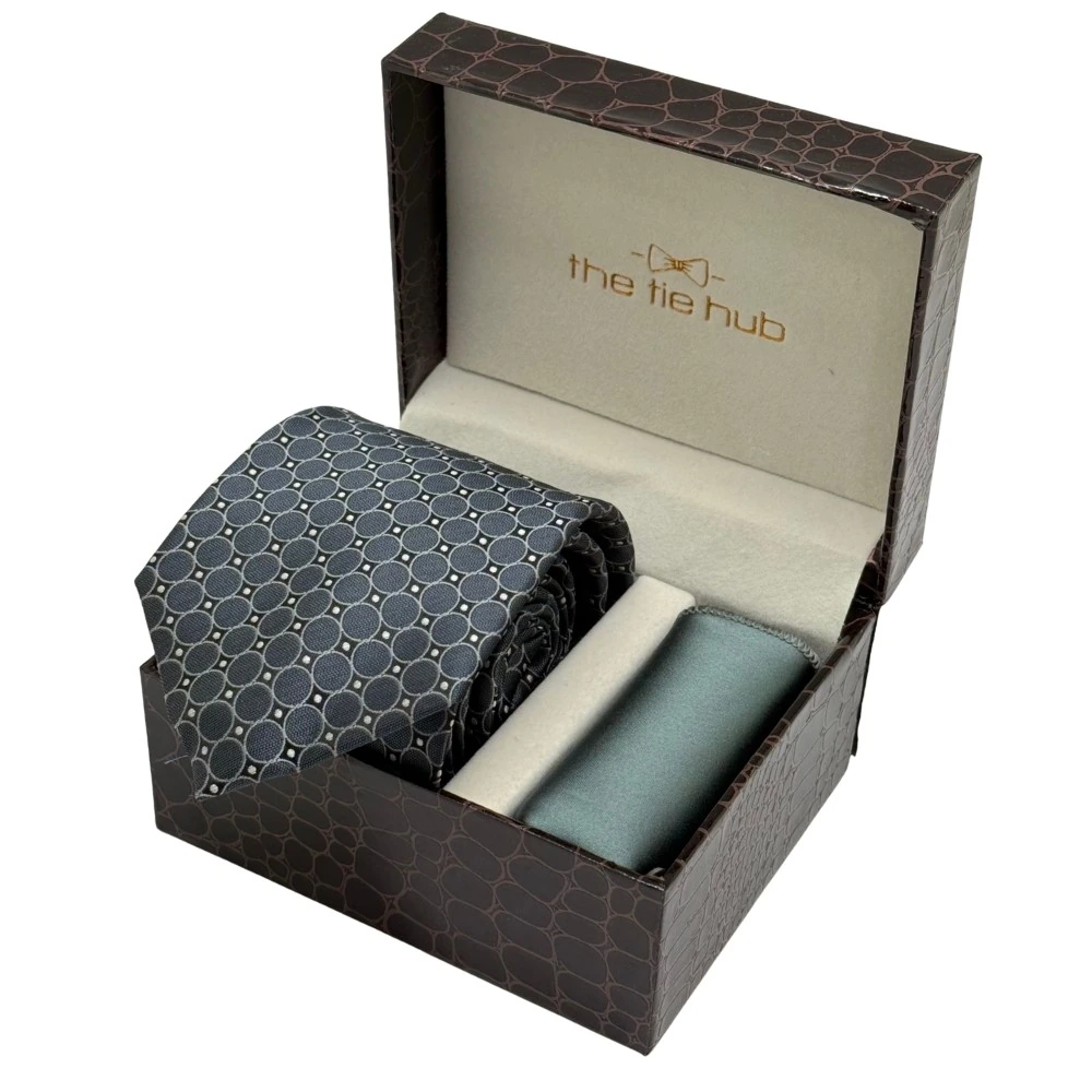 Grey Geometric Necktie with Sage Pocket Square Combo for Men