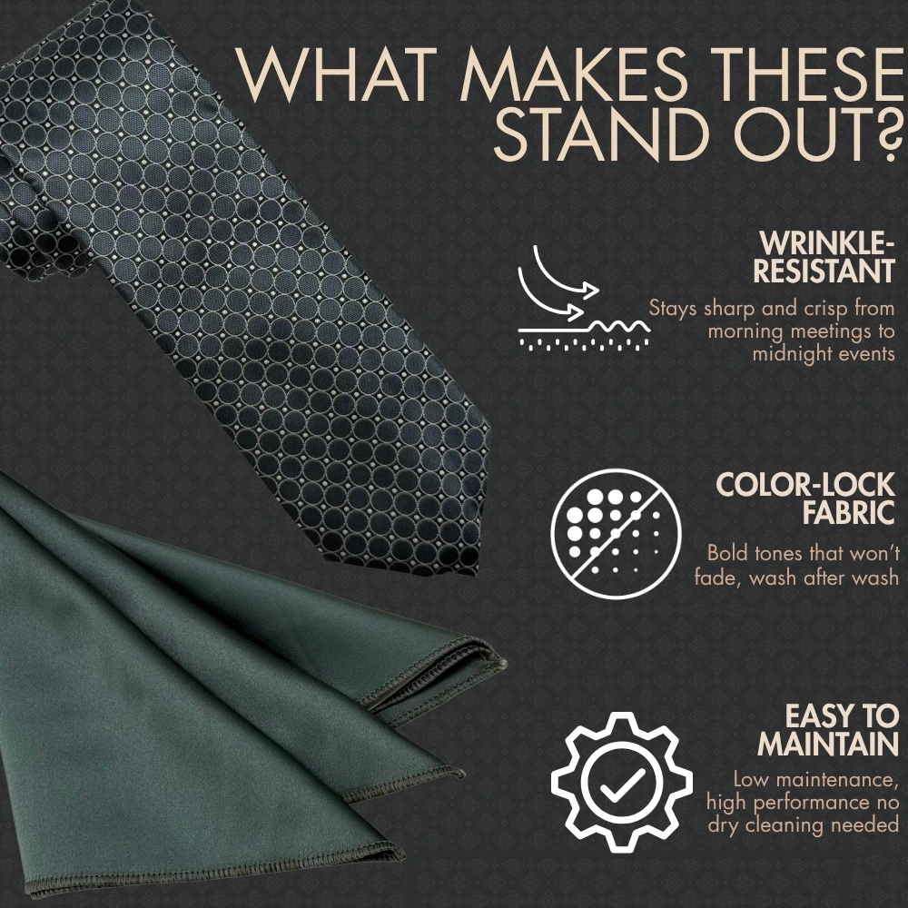 Grey Geometric Necktie with Sage Pocket Square Combo for Men