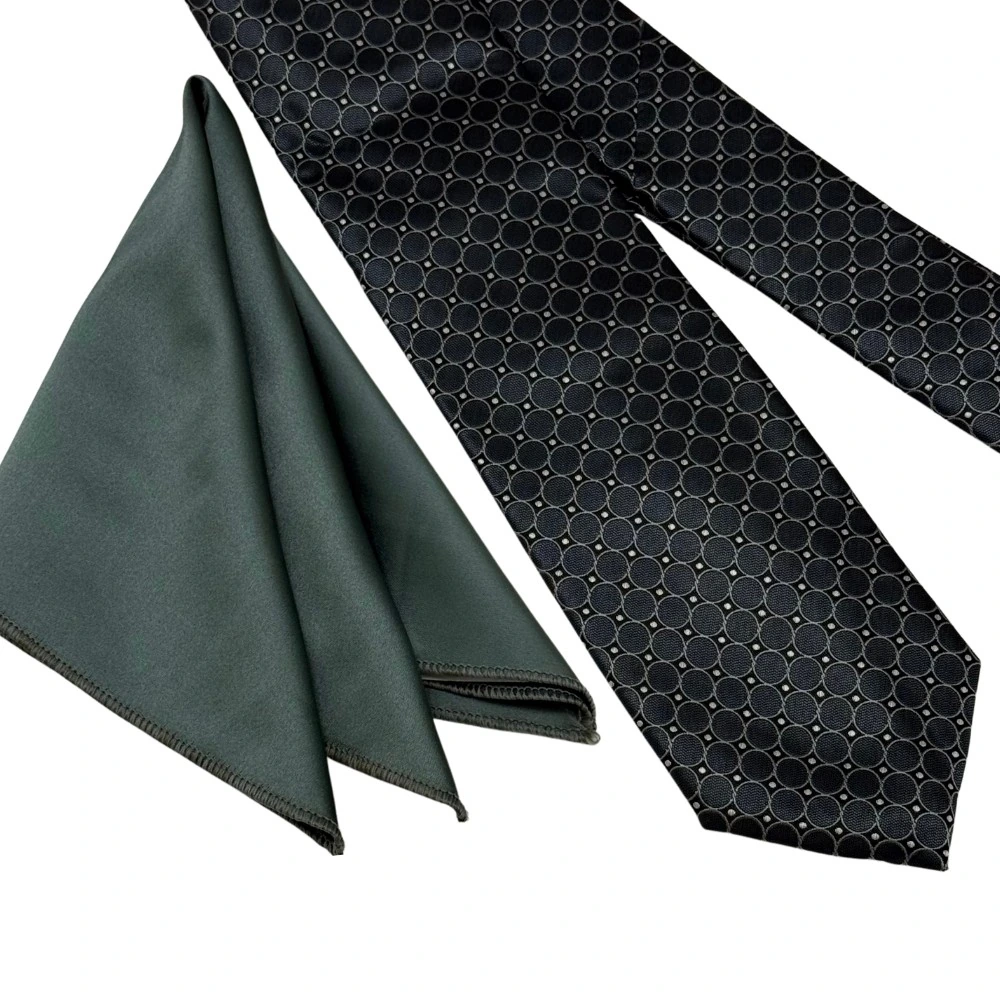 Grey Geometric Necktie with Sage Pocket Square Combo for Men