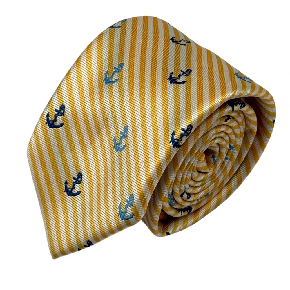 Yellow Conversational Necktie with Beige Pocket Square Combo - Anchor Design for Men