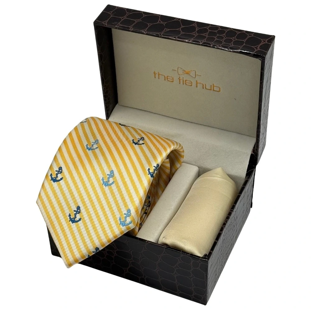 Yellow Conversational Necktie with Beige Pocket Square Combo - Anchor Design for Men