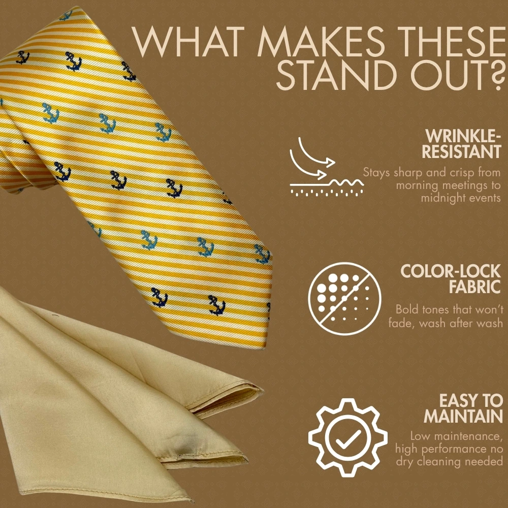 Yellow Conversational Necktie with Beige Pocket Square Combo - Anchor Design for Men