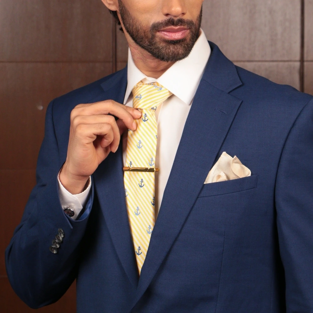 Yellow Conversational Necktie with Beige Pocket Square Combo - Anchor Design for Men