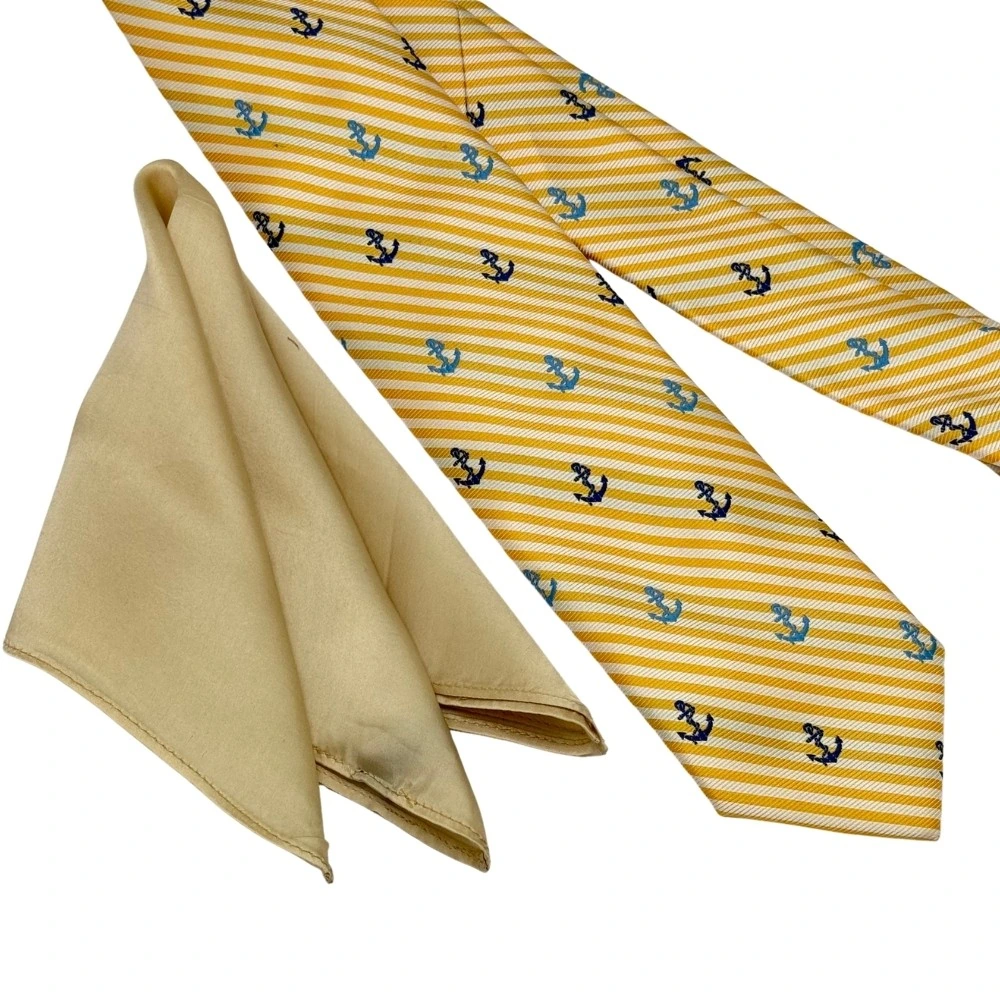 Yellow Conversational Necktie with Beige Pocket Square Combo - Anchor Design for Men