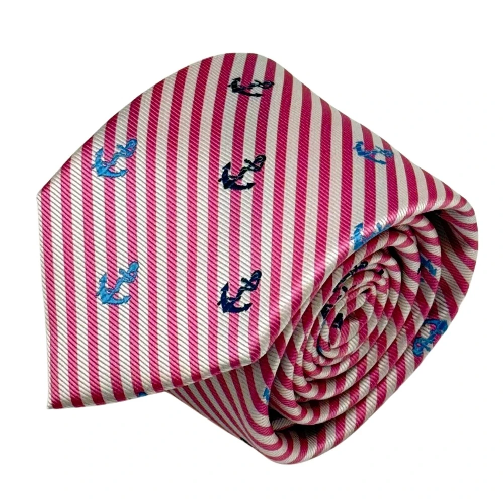 Pink Conversational Necktie with Light Pink Pocket Square Combo - Anchor Design for Men