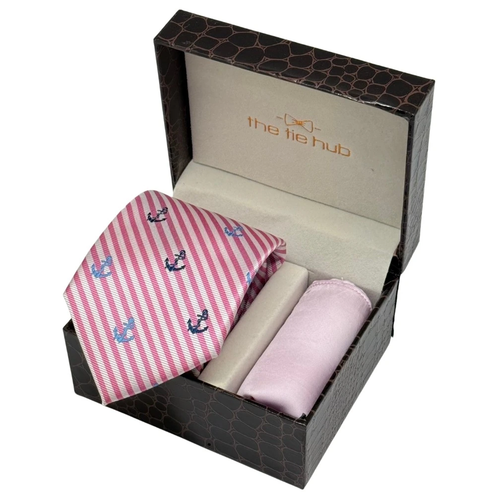 Pink Conversational Necktie with Light Pink Pocket Square Combo - Anchor Design for Men