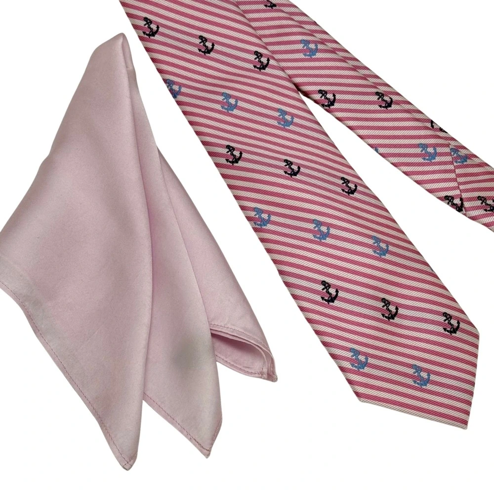 Pink Conversational Necktie with Light Pink Pocket Square Combo - Anchor Design for Men