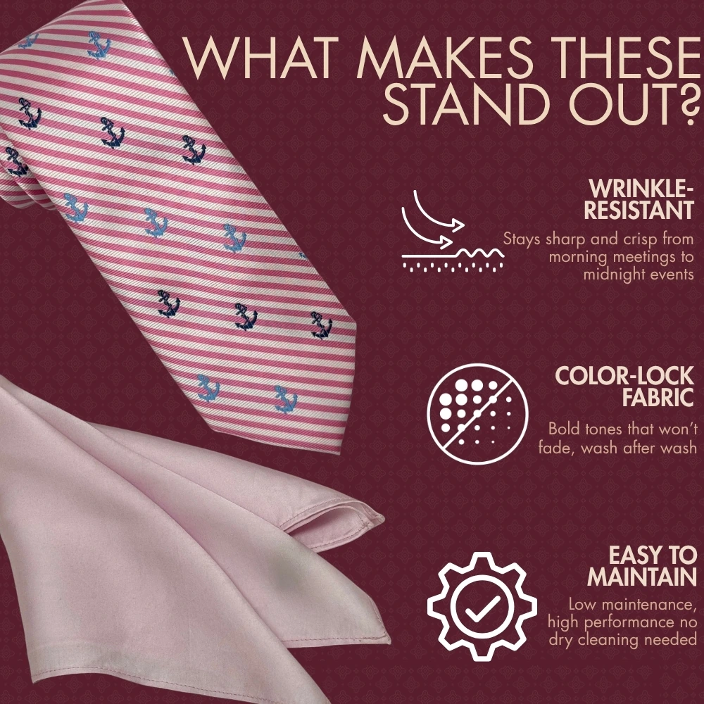 Pink Conversational Necktie with Light Pink Pocket Square Combo - Anchor Design for Men