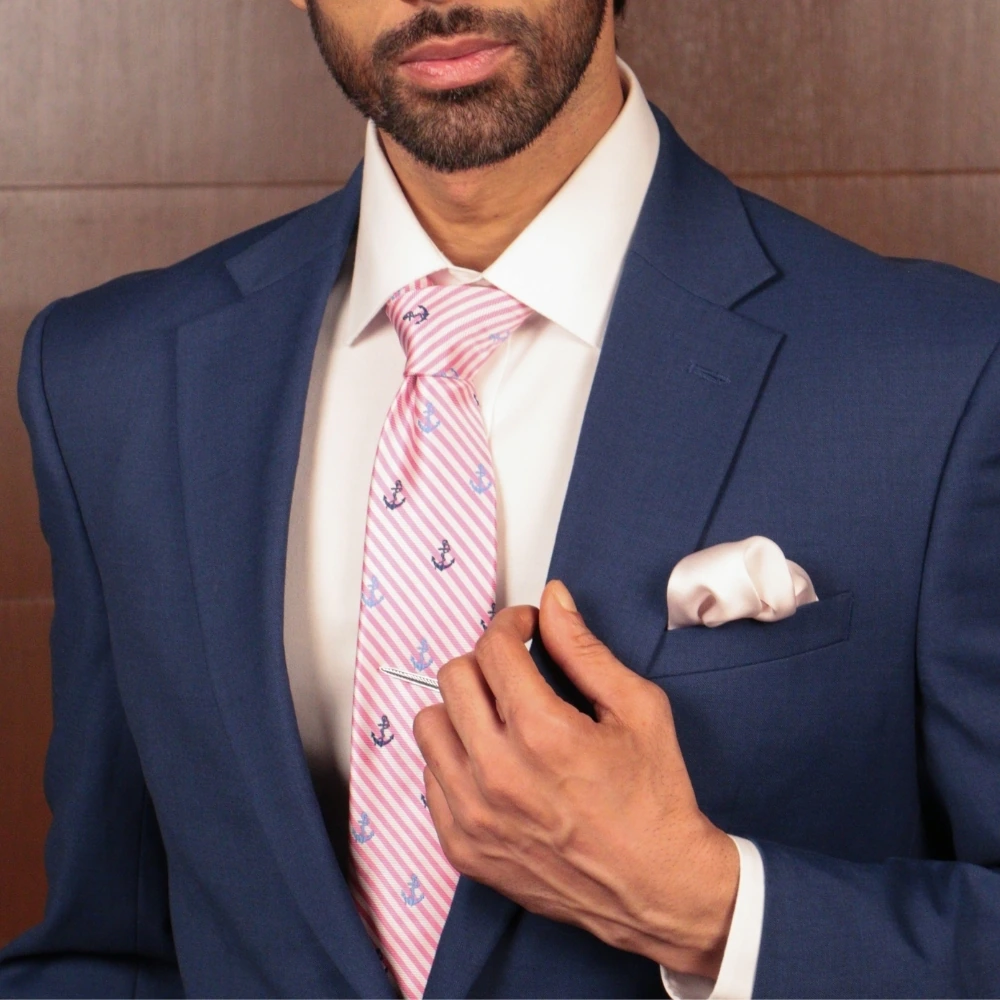 Pink Conversational Necktie with Light Pink Pocket Square Combo - Anchor Design for Men
