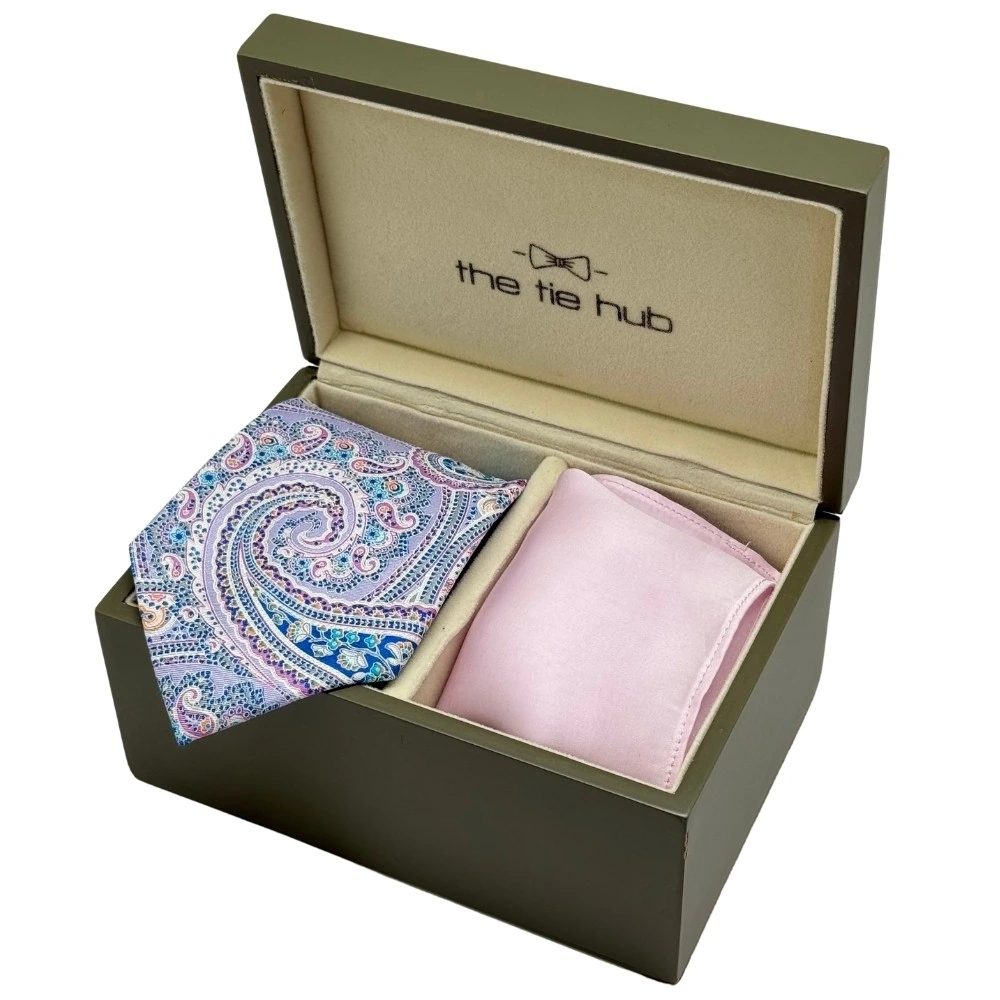 Multicolor Paisley Silk Necktie with Light Pink Pocket Square Combo - Printed Design for Men