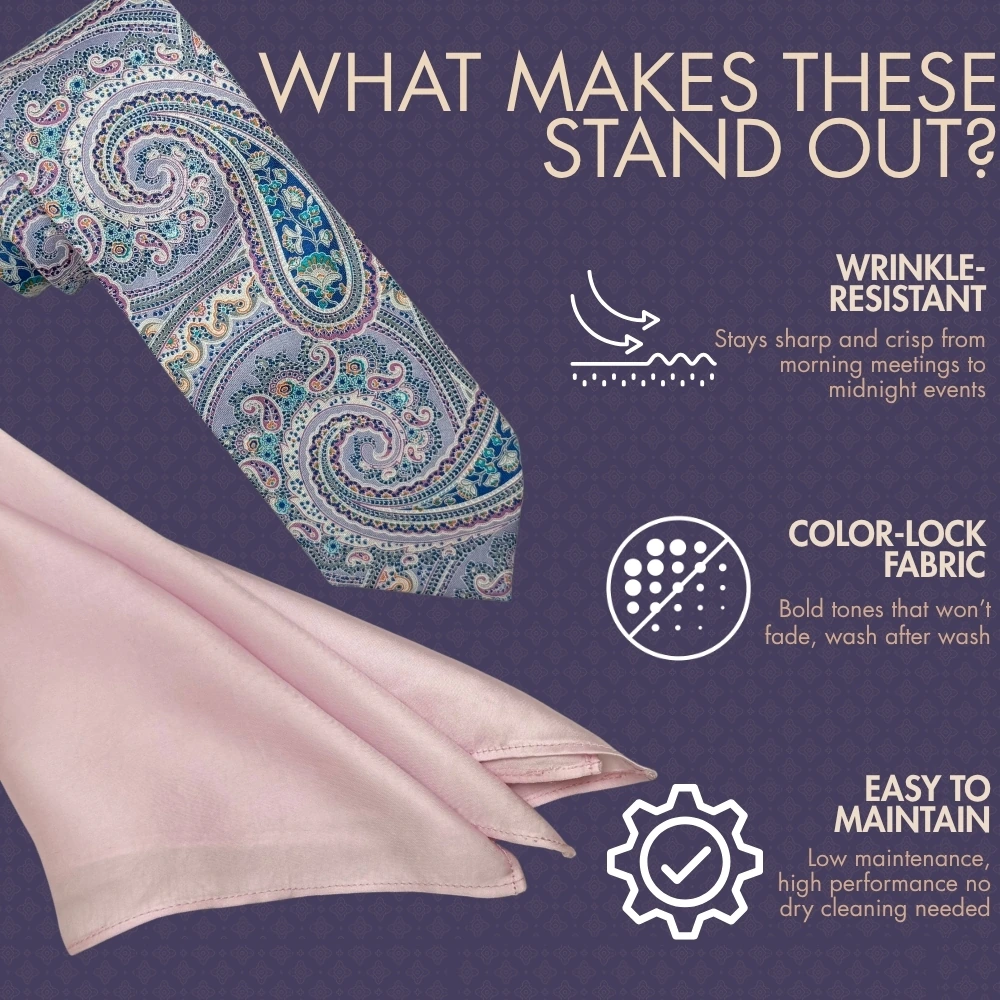 Multicolor Paisley Silk Necktie with Light Pink Pocket Square Combo - Printed Design for Men