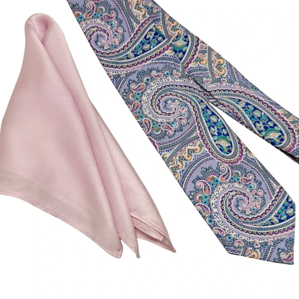 Multicolor Paisley Silk Necktie with Light Pink Pocket Square Combo - Printed Design for Men