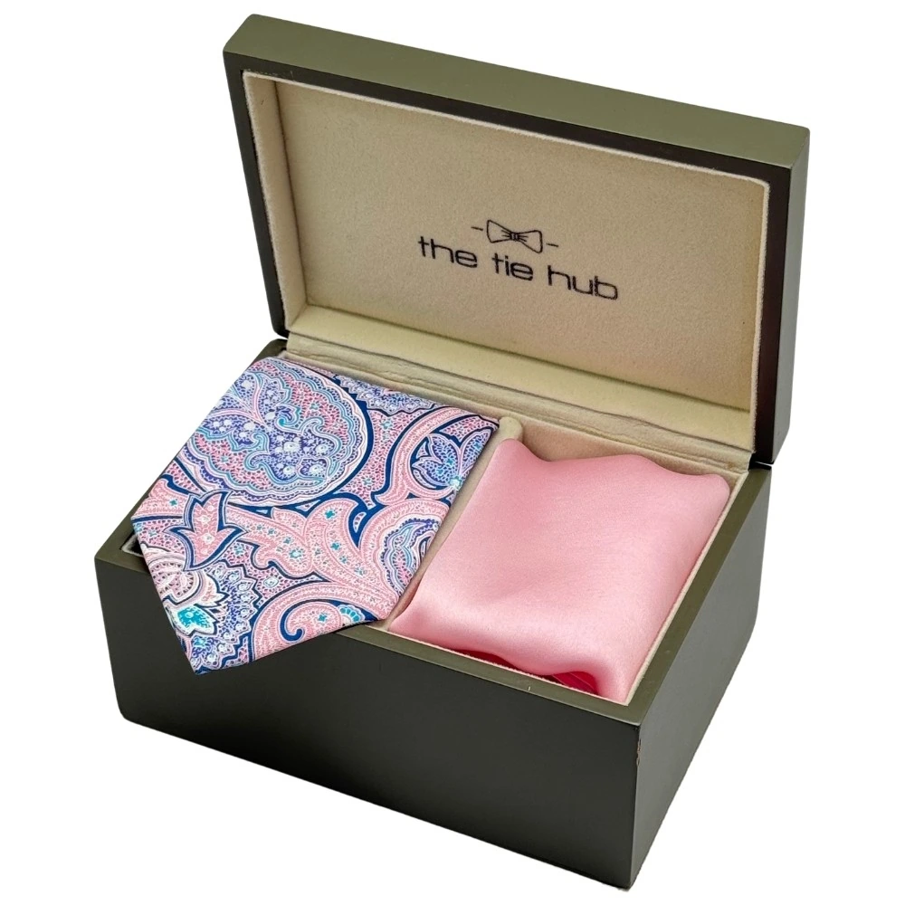 Pink and Blue Paisley Silk Necktie with Pink Pocket Square Combo - Printed Design for Men