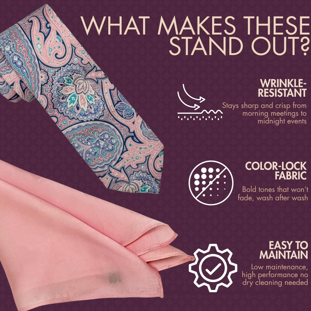 Pink and Blue Paisley Silk Necktie with Pink Pocket Square Combo - Printed Design for Men