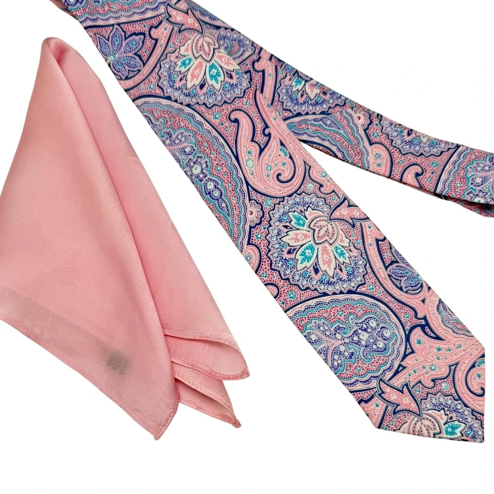 Pink and Blue Paisley Silk Necktie with Pink Pocket Square Combo - Printed Design for Men